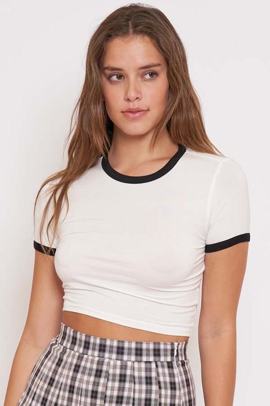 white and black ringer crop tee